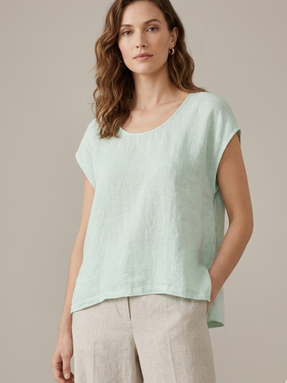 Eileen Fisher Organic Linen Scoop Neck Top Mint Green XL